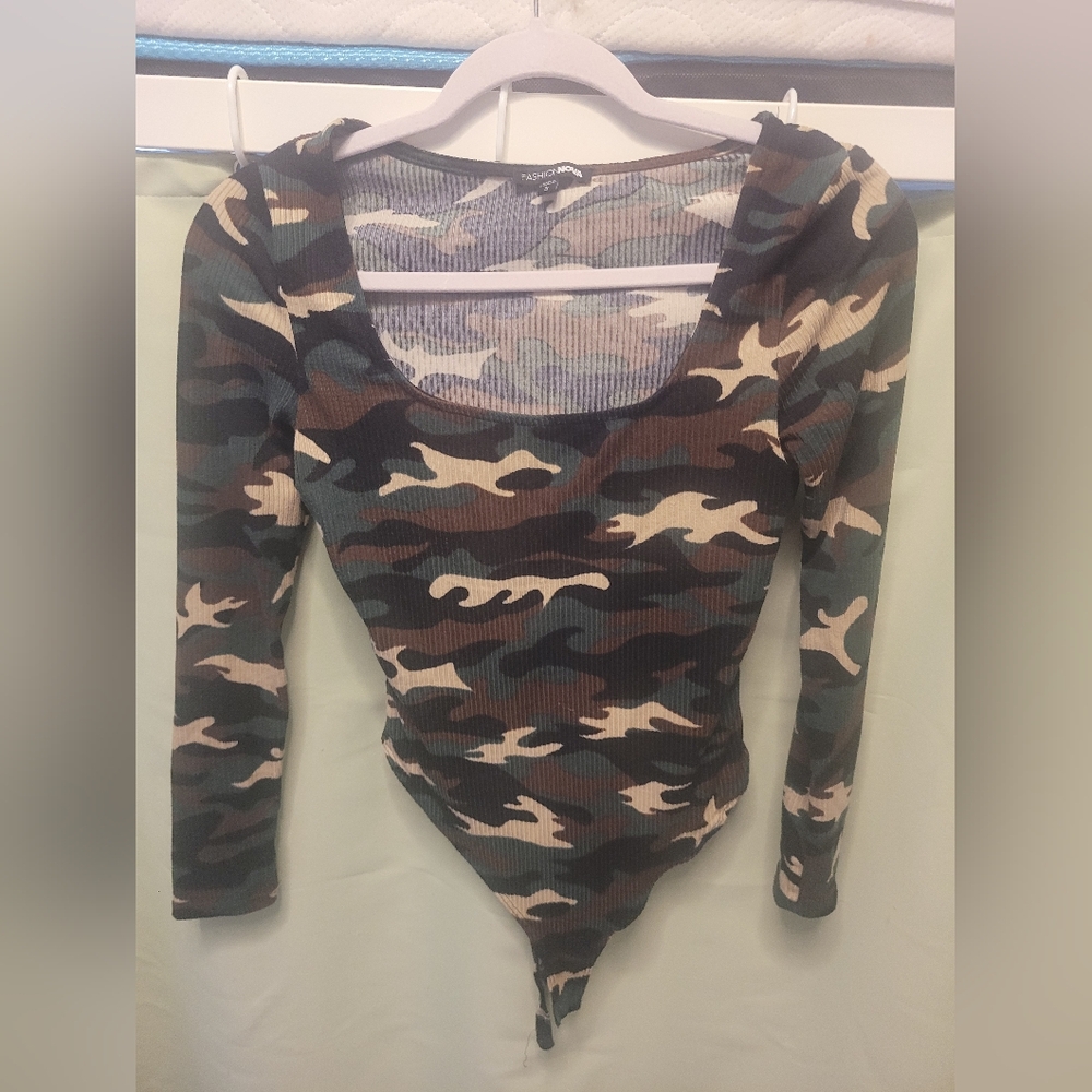 Camouflage Long Sleeve Bodysuit And Purple Strapless Bodysuit Bundle